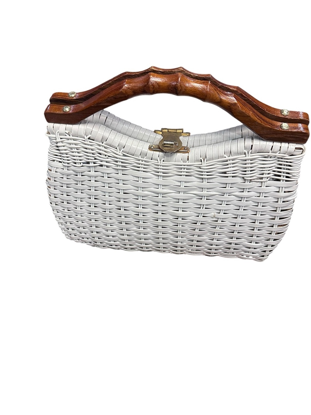 Vintage hand made Wicker Handbag Ivory White Wood Handle Hong Kong Retro Coastal
